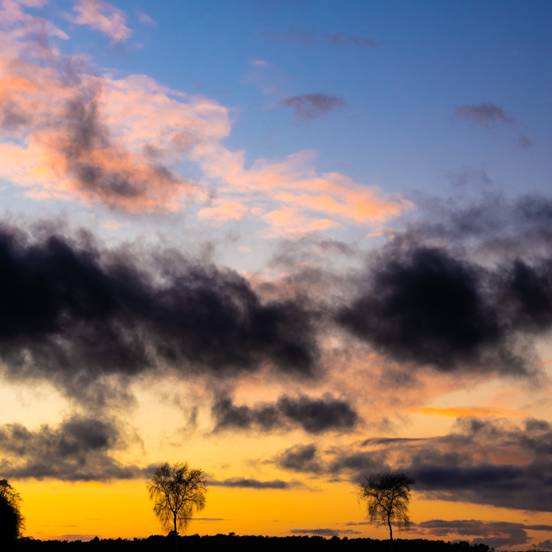 Abendhimmeln mit roten und dunklen Wolken vor blauem Himmel im Moor bei Augustendorf